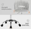A collage showing a light gray velvet office chair with a petal-shaped backrest and its chrome base with wheels. Produktbild-Vorschau