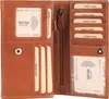An open brown leather wallet displaying credit card slots and RFID protective information. Produktbild-Vorschau