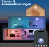 A cutaway view of a multi-story house showing different rooms with smart lighting controlled by a smartphone app. Produktbild-Vorschau