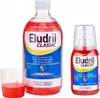 Two bottles of Eludril Classic mouthwash and a measuring cup filled with mouthwash are displayed against a white background. Podgląd zdjęcia produktu