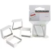 A product shot of four white and silver tablecloth clips and a package of four more clips. Produktbild-Vorschau