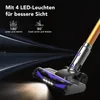 Close-up of a cordless vacuum cleaner head with LED lights illuminating the floor, against a dark background with light streaks. Produktbild-Vorschau