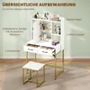 A white vanity table with gold legs and a matching stool, featuring various beauty products and labeled compartments. Náhľad obrázku produktu