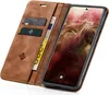 A brown leather flip case for a smartphone, open to reveal the phone screen and card slots. Produktbild-Vorschau