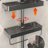 A close-up view of a silver shower caddy attached to a shower pole. The caddy is shown with arrows indicating adjustability and rotation. A smaller inset shows a measurement of 25mm. Produktbild-Vorschau