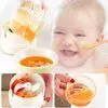 A collage of images showing a baby being fed, a food chopper, and a hand holding a bowl of food. Produktbild-Vorschau