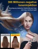 A woman is using a rose gold hairdryer on her hair, with a comparison of hair before and after use shown in inset images. Produktbild-Vorschau