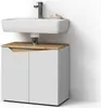 A modern bathroom vanity with a sink and faucet.