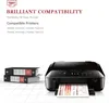 A printer is shown next to two binders, with text overlay describing compatibility. Produktbild-Vorschau