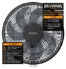 A close-up marketing image of a black standing fan with text overlays detailing its features. Anteprima dell’immagine prodotto