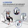A woman is seated in a patient lift, with close-up insets highlighting features of the lift. Produktbild-Vorschau