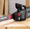 A close-up shot of a black and red electric chainsaw resting on a wooden surface. Produktbild-Vorschau