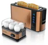 A copper-colored two-piece breakfast set including a 6-egg cooker and a 2-slice long slot toaster. Podgląd zdjęcia produktu