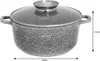 A grey speckled pot with a glass lid and silver handles, shown with dimensions indicated by arrows and text. Voir les images du produit
