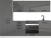 A modern, gray, high-gloss kitchen unit with cabinets, drawers, an oven, and a sink with a faucet. Voir les images du produit