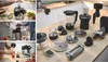 A collage of images showing a kitchen appliance and its various attachments on a wooden countertop. Produktbild-Vorschau