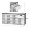 A white shoe cabinet with a gray cushion on top, showing dimensions and compartments. Náhled obrázku produktu