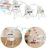 Collage showing a high chair in different configurations and settings, including a close-up of assembly and lifestyle shots in a kitchen and living room. Produktbild-Vorschau