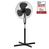 A black and silver stand fan is shown against a white background. A promotional badge is visible in the top right corner. Produktbild-Vorschau