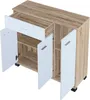 A top-down view of a wooden and white sideboard with one drawer open and two cabinet doors open. Produktbild-Vorschau