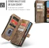 A marketing image showing a brown wallet phone case with multiple card slots and a zipper pocket, with text highlighting its dual functionality. Produktbild-Vorschau