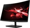 A curved computer monitor displaying a red abstract splash graphic. Produktbild-Vorschau