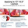 A diagram showing a laptop with an attached screen extender, with text describing its dimensions and compatibility. Produktbild-Vorschau