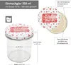 A diagram and close-up of a glass jar with a decorative lid, showing dimensions and details. Produktbild-Vorschau