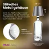 A product image showcasing a stylish LED table lamp with a metal housing, designed to resemble a bottle. The image includes descriptive text and dimensions. Anteprima dell’immagine prodotto