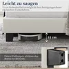A robot vacuum cleaner is shown cleaning under a bed frame, highlighting the bed's clearance. A close-up of a bed leg with protective caps is also shown. Produktbild-Vorschau