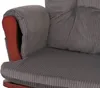 A close-up view of the armrest and seat cushion of a gray corduroy recliner chair with wooden accents. Náhled obrázku produktu