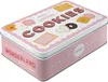 A rectangular tin box for cookies with a pink and white checkered pattern and illustrations of cookies and baking tools. Voir les images du produit