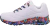 A side view of a white Skechers sneaker with a colorful patterned sole and laces. Voir les images du produit