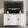 A white sideboard with gold handles is shown, with a TV screen overlay indicating support for various screen sizes. Voir les images du produit