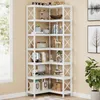 A white corner bookshelf filled with various decorative items and books. Náhled obrázku produktu