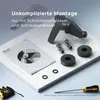A collection of bathroom fixture components and tools laid out on a marble surface, with text overlay. Produktbild-Vorschau