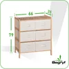A product shot of a bamboo dresser with fabric drawers, featuring dimensions indicated by measurement lines and numbers. Podgląd zdjęcia produktu