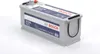 A car battery on a white and light gray reflective surface. Produktbild-Vorschau