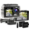 An action camera with accessories, including two batteries and a remote control, displayed on a white background. Produktbild-Vorschau