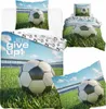 Multiple views of a soccer-themed bedding set, including a duvet cover and pillowcase, featuring a soccer ball on a grassy field with stadium in the background.
