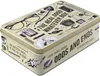 A rectangular tin box with various illustrations and text on its lid and sides. Voir les images du produit