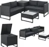 A collection of black polyrattan outdoor furniture pieces, including a sectional sofa, a coffee table, and a storage box, arranged on a white background. Produktbild-Vorschau