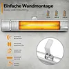 A marketing image showing an infrared heater with feature callouts and mounting bracket detail. Náhled obrázku produktu