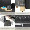 A collage of images showcasing different features of a rattan armchair, including a side tray, adjustable legs, and water-repellent cushions. Náhled obrázku produktu