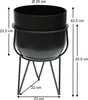 A black metal planter on a stand with dimensions indicated by measurement lines and text. Náhled obrázku produktu