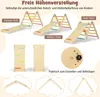 The image shows a wooden climbing triangle with a slide in different height configurations, along with separate climbing panels and a circular adjustment mechanism. Text labels indicate different height settings and a feature for adjustment and fastening. Anteprima dell’immagine prodotto