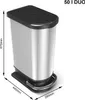 A product shot of a silver and black trash can with dimensions indicated. Voir les images du produit