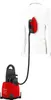 A white suit jacket is shown on a mannequin with a red and black steam iron attached to the back of it. A red steam generator base is on the floor connected to the iron by a black hose. Produktbild-Vorschau