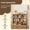 A bookshelf filled with various items, presented in a marketing image with overlaid text and icons. Produktbild-Vorschau