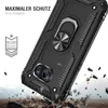 A black phone case with a ring holder is shown at an angle, with debris falling around it to simulate a drop. Text overlays highlight features. Produktbild-Vorschau